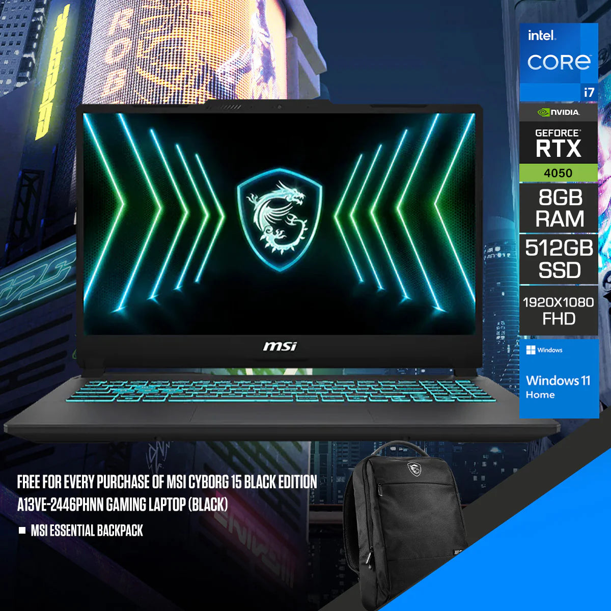 MSI Cyborg 15 Black Edition 15.6" FHD 144Hz Gaming Laptop Intel Core i7-13620H 8GB DDR5 / 512GB SSD NVIDIA GeForce RTX 4050 Win 11 Black A13VE-2452PHNN