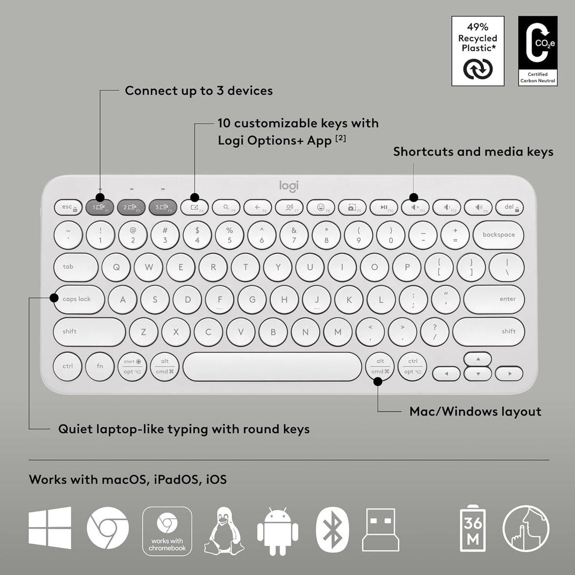 Logitech K380S Pebble Keys 2 Keyboard Tonal