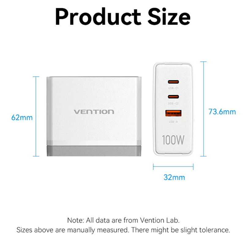VENTION 3-port USB (C+C+A) GaN Charger (100W/100W/30W) US-Plug [FEGB0] [FEGW0]