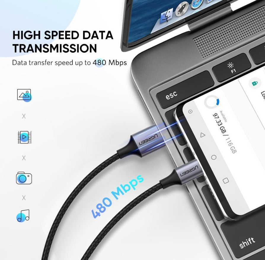 UGREEN USB-C Male To USB-A 2.0 Male Cable 1.5m (Black) [US288/60127]