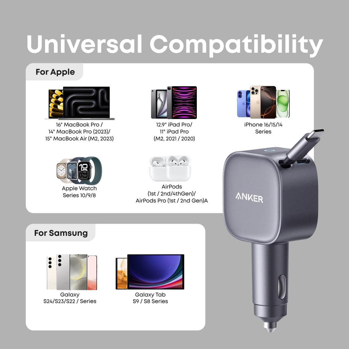 Anker Chargeur Allume-Cigare 75W Ultra Compact – USB-C 45W Rétractable + Port 30W, Compatible IPhone 16/15, MacBook, Galaxy, IPad