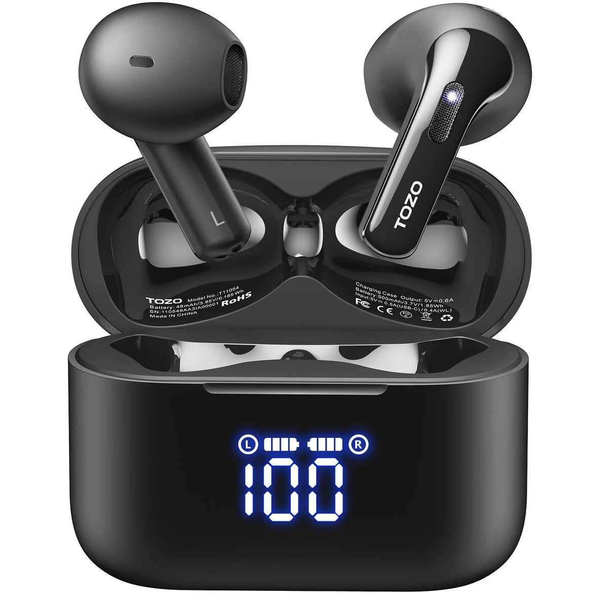 TOZO TWS Earbuds Tonal Fits IPX6 44Hr Playtime BT 5.3 Type C Wireless Charging Dual Mic DNS Call NC Black