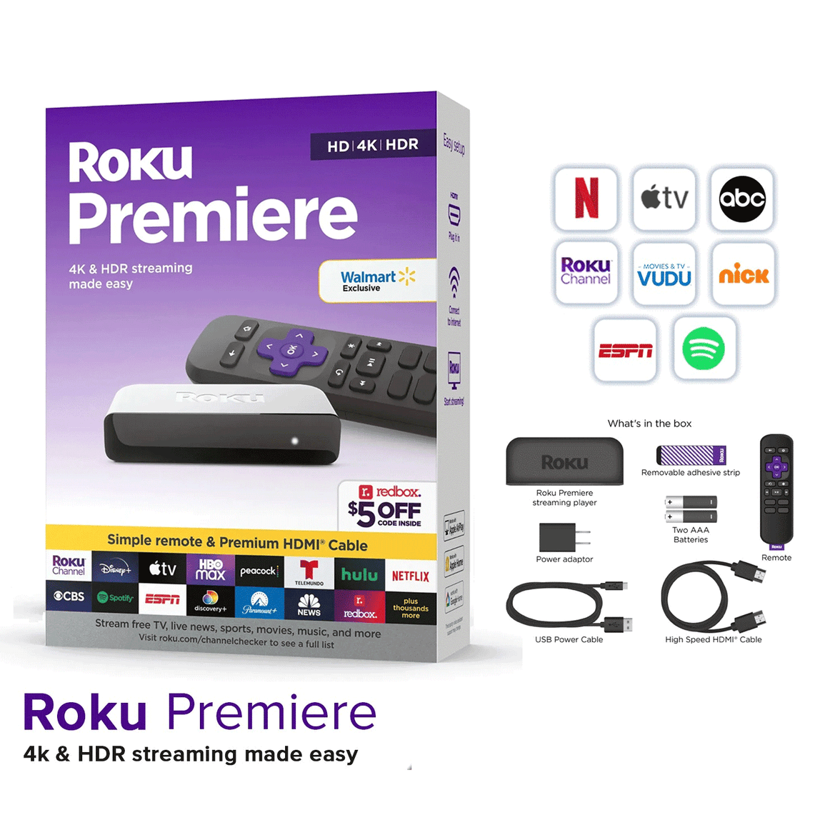 Roku Premiere HD/4K/HDR Streaming Media Player 3920R Black with Simple Remote & Premium HDMI Cable