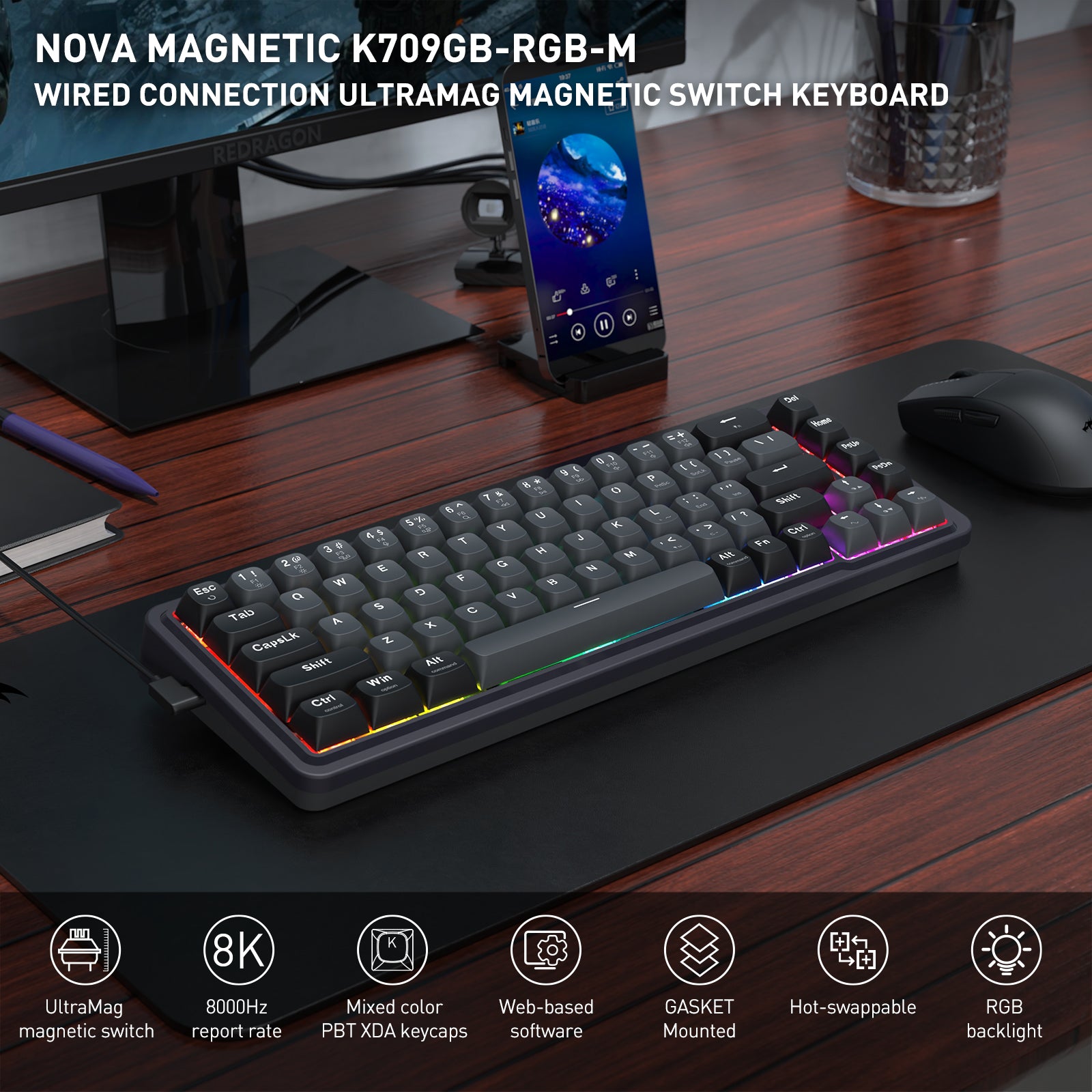 Redragon Nova Magnetic Switch  Wireless Gaming Keyboard (K709GB-RGB-M)