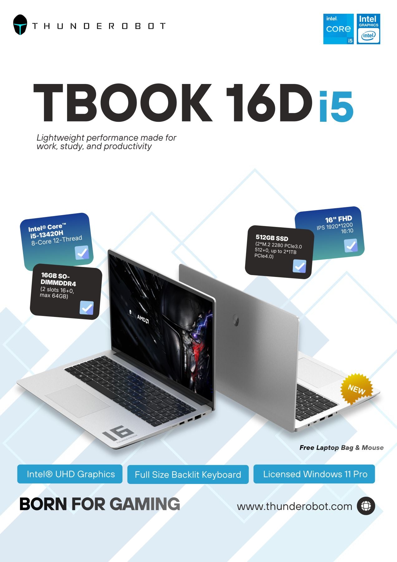 Thunderobot T-Book 16D 16" FHD IPS Intel Core i5-13420H 16GB DDR4 (64GB Max • 1 Free Slot) / 512GB SSD Intel UHD Graphics Win 11 Pro Grey
