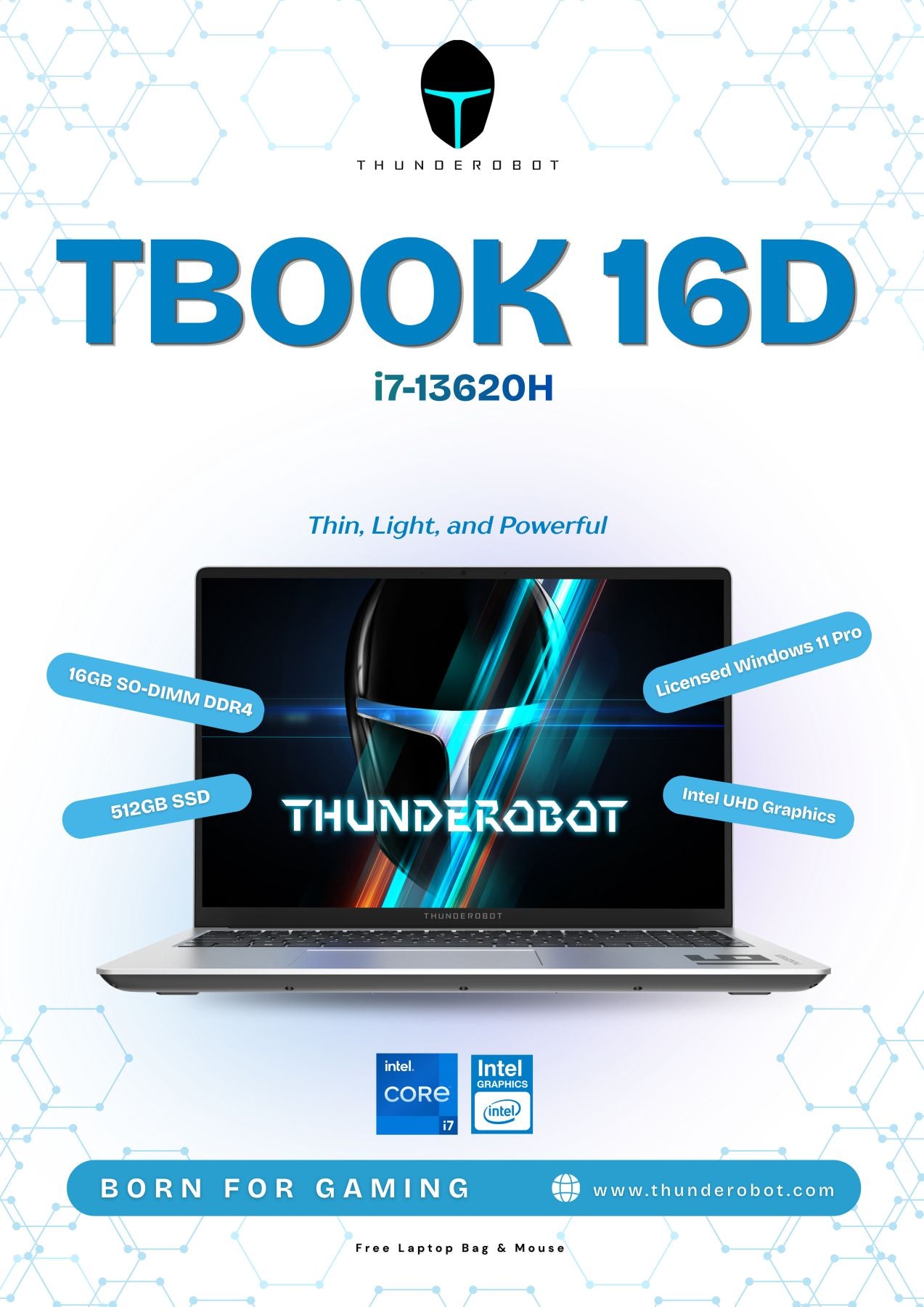 Thunderobot T-Book 16D 16" FHD IPS Intel Core i7-13620H 16GB DDR4 (64GB Max • 1 Free Slot) / 512GB SSD Intel UHD Graphics Win 11 Pro Grey