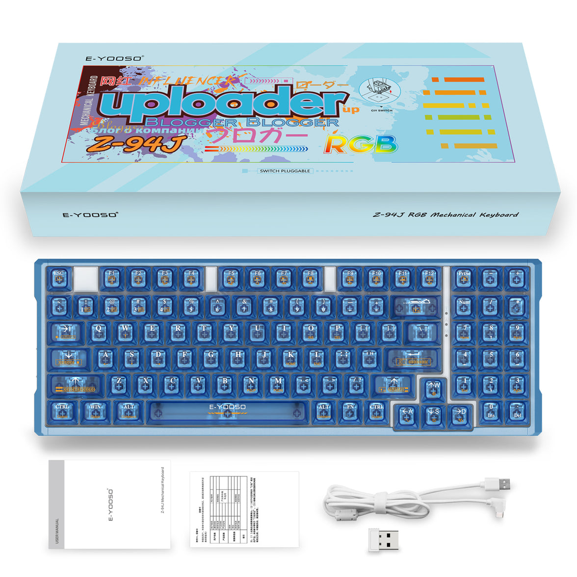 E-Yooso Z-94J Tri-Mode RGB 94 Keys Hot Swappable Mechanical Keyboard Clear Blue Linear [White Switch]