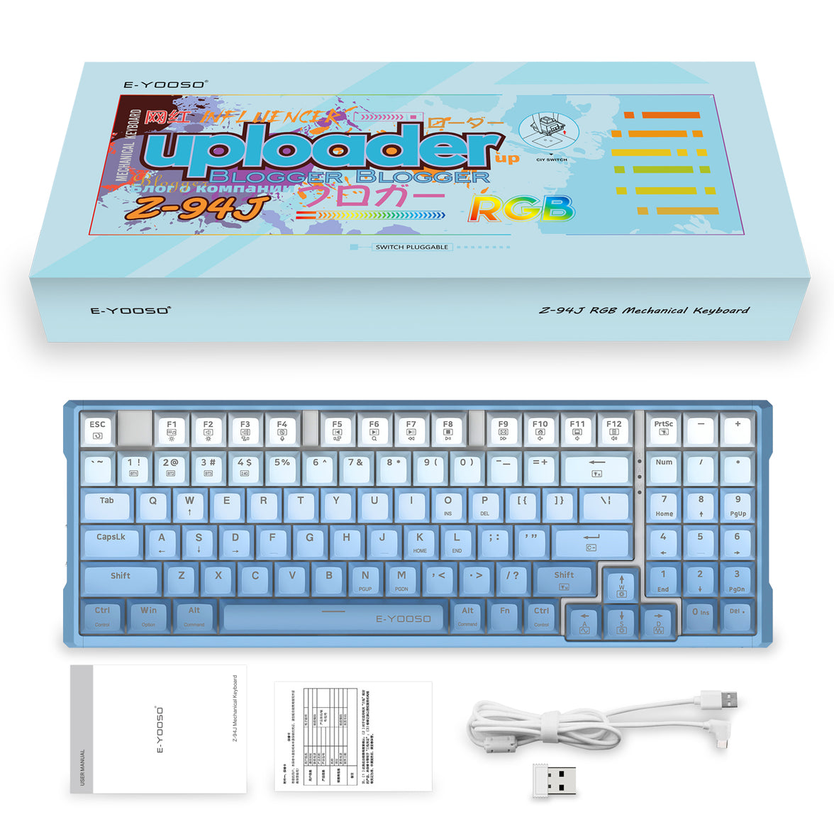 E-Yooso Z-94J Tri-Mode RGB 94 Keys Hot Swappable Mechanical Keyboard Gradiant Blue Linear [White Switch]