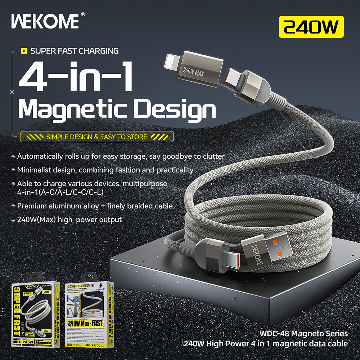 WEKOME High-power 4in1 Magnetic Cable 240W (GREY) WDC-48
