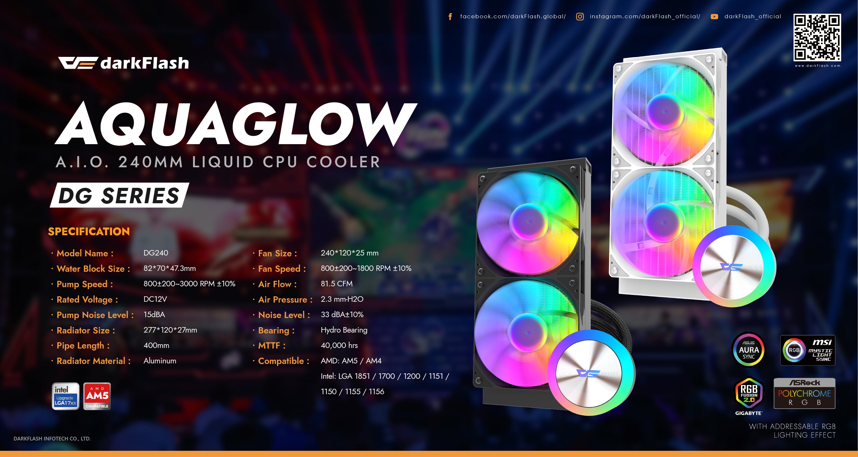 DarkFlash AquaGlow DG240 ARGB V2.6 Liquid CPU Cooler (Black)