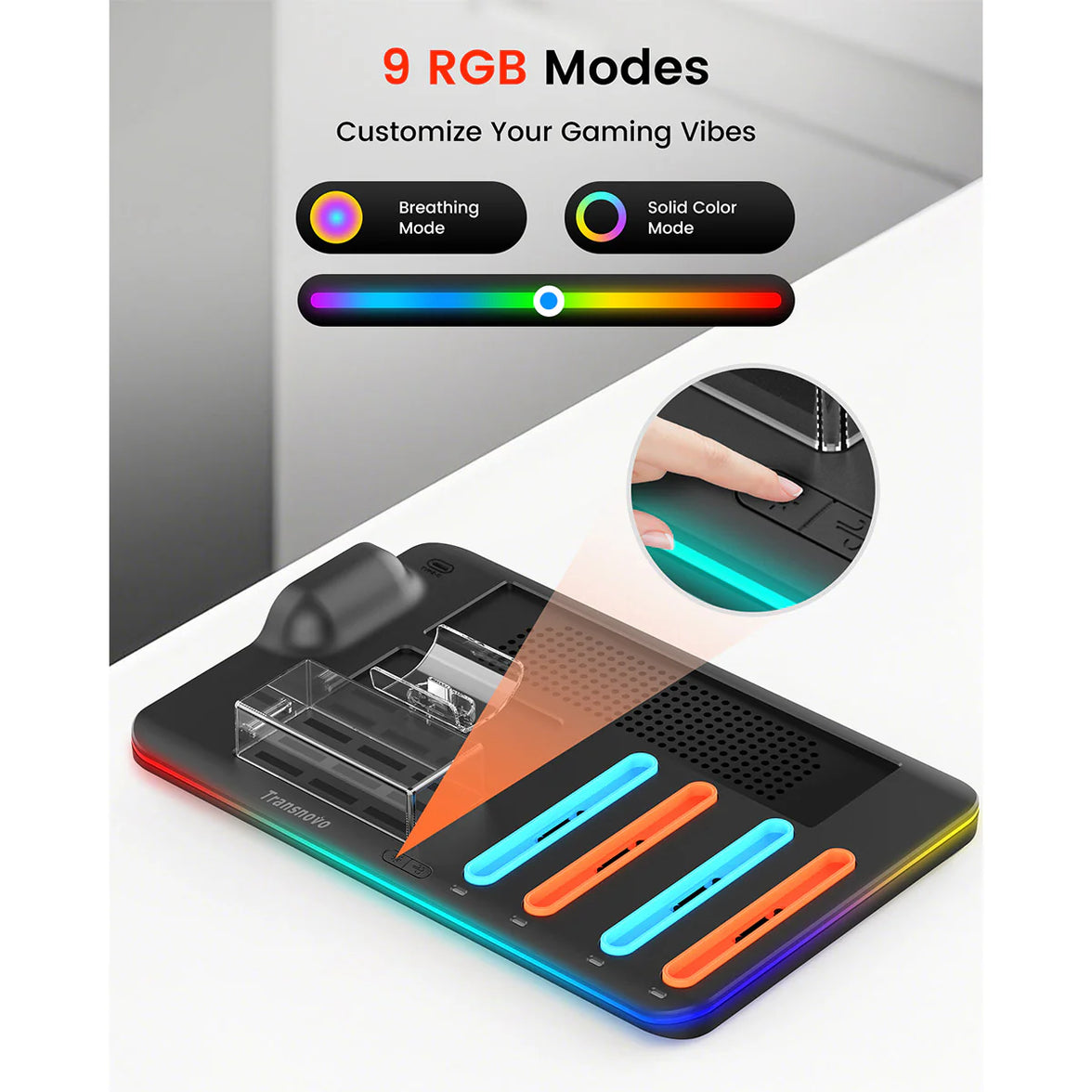 Transnovo Multi-Function RGB Light Charging Dock Station for Nintendo Switch 2 4 Joy-Con Controllers with Cooling Fan and 9 Game Card Slots NS2-CG04