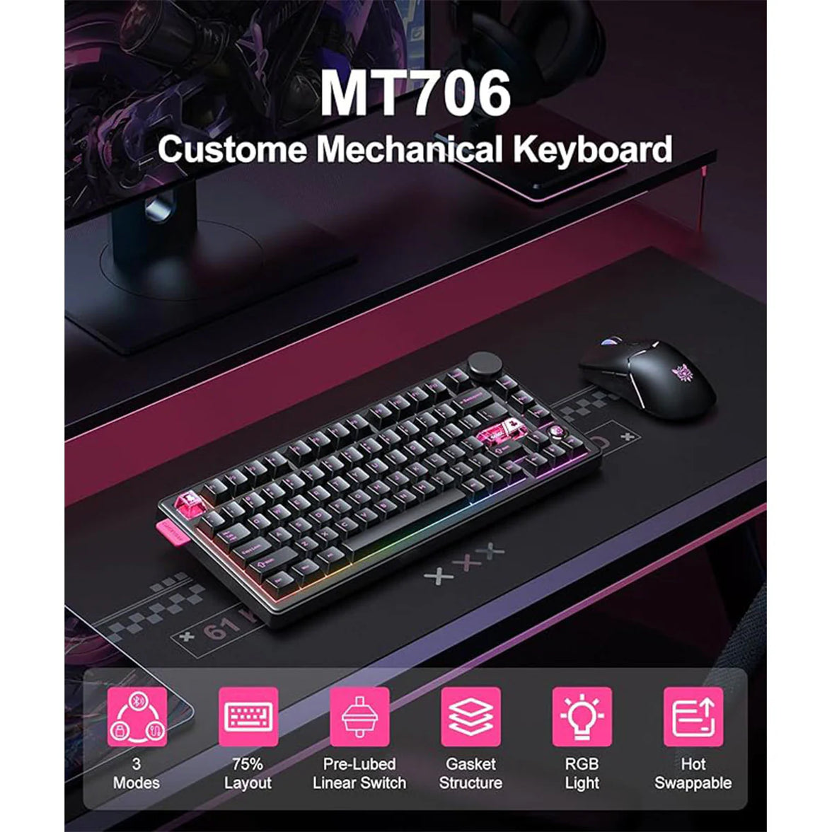 Onikuma MT706 Tri-Mode RGB 81 Keys Mechanical Keyboard