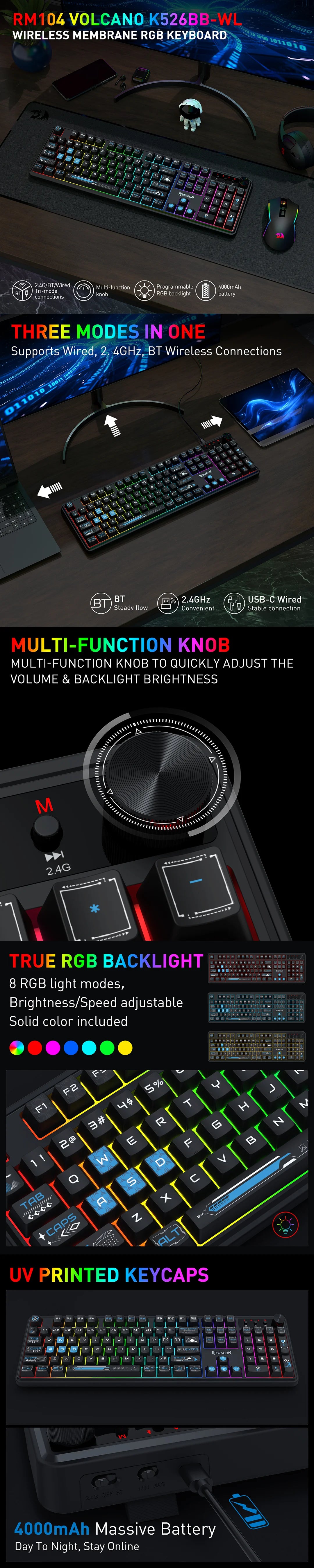 Redragon RM104 Pro Volcano Tri-Mode Wireless Membrane RGB Keyboard Black+Blue (K526BB-WL)