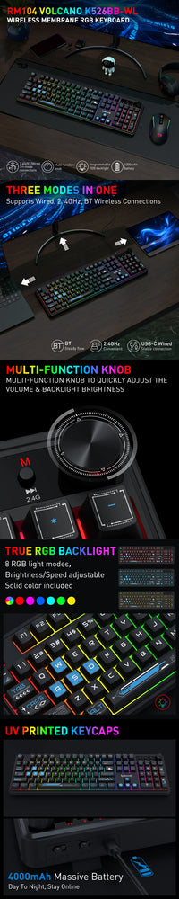 Redragon RM104 Pro Volcano Tri-Mode Wireless Membrane RGB Keyboard Black+Blue (K526BB-WL)