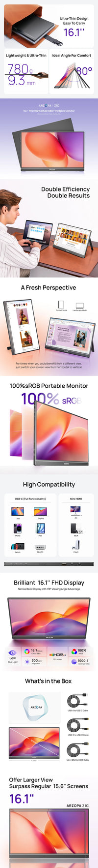 [PRE-ORDER] ARZOPA Z1C 15.6" FHD Portable Monitor