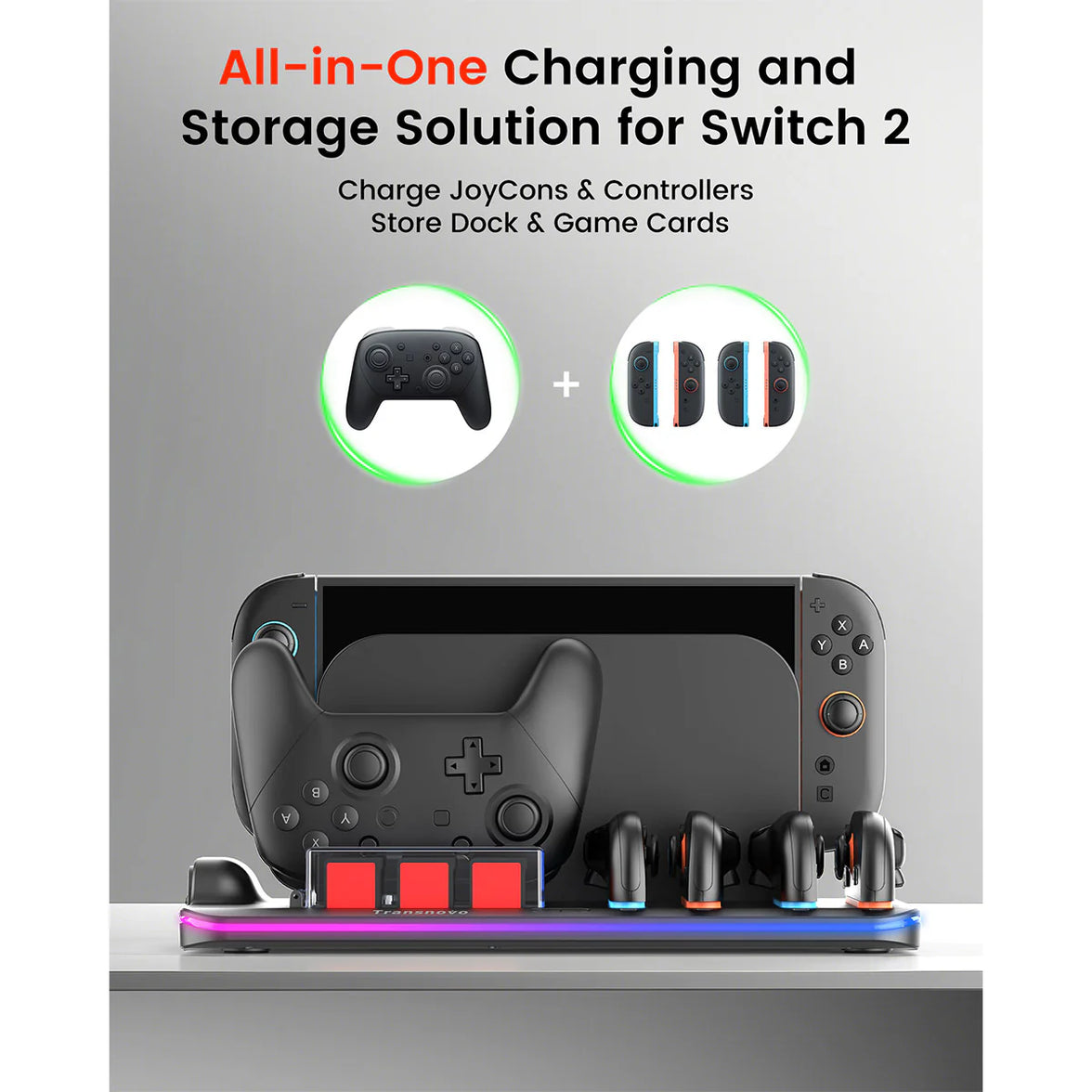 Transnovo Multi-Function RGB Light Charging Dock Station for Nintendo Switch 2 4 Joy-Con Controllers with Cooling Fan and 9 Game Card Slots NS2-CG04