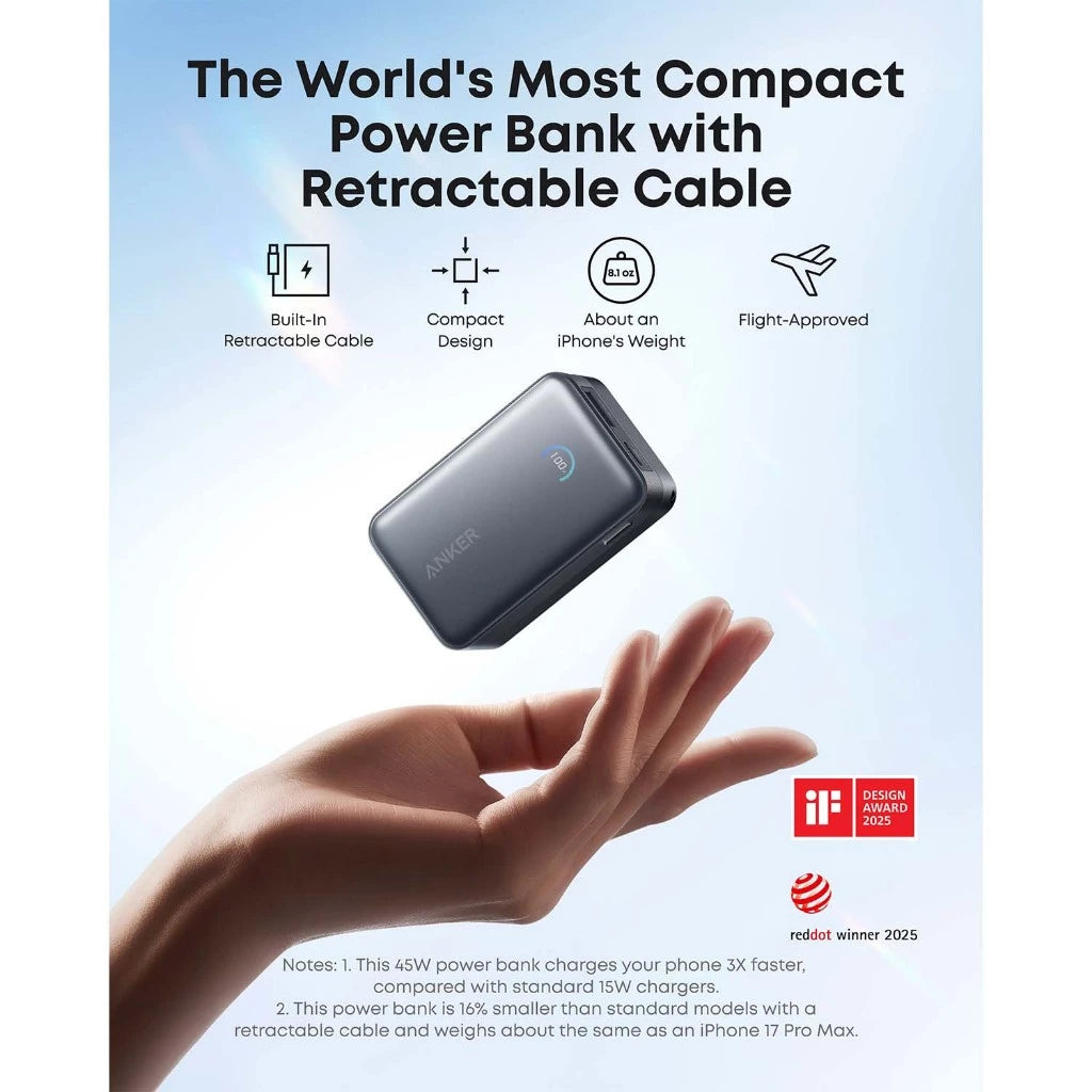 Anker Nano Power Bank 10,000mAh 45W with Built-In Retractable USB-C Cable