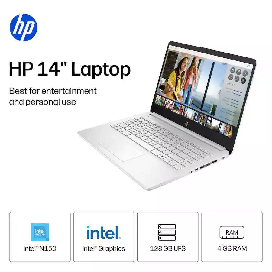 HP 14" HD Laptop Intel N150 Processor 4GB LPDDR5 RAM / 128GB UFS Intel Graphics Windows 11 Home Natural Silver 14-dq6101dx