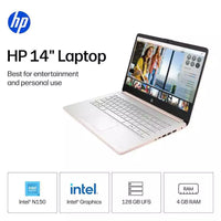 HP 14" HD Laptop Intel N150 Processor 4GB RAM / 128GB UFS Intel Graphics Windows 11 home Pale Rose Gold 14-dq6105dx