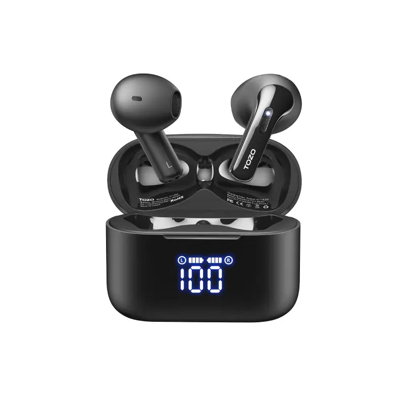 TOZO TWS Earbuds Tonal Fits IPX6 44Hr Playtime BT 5.3 Type C Wireless Charging Dual Mic DNS Call NC Black