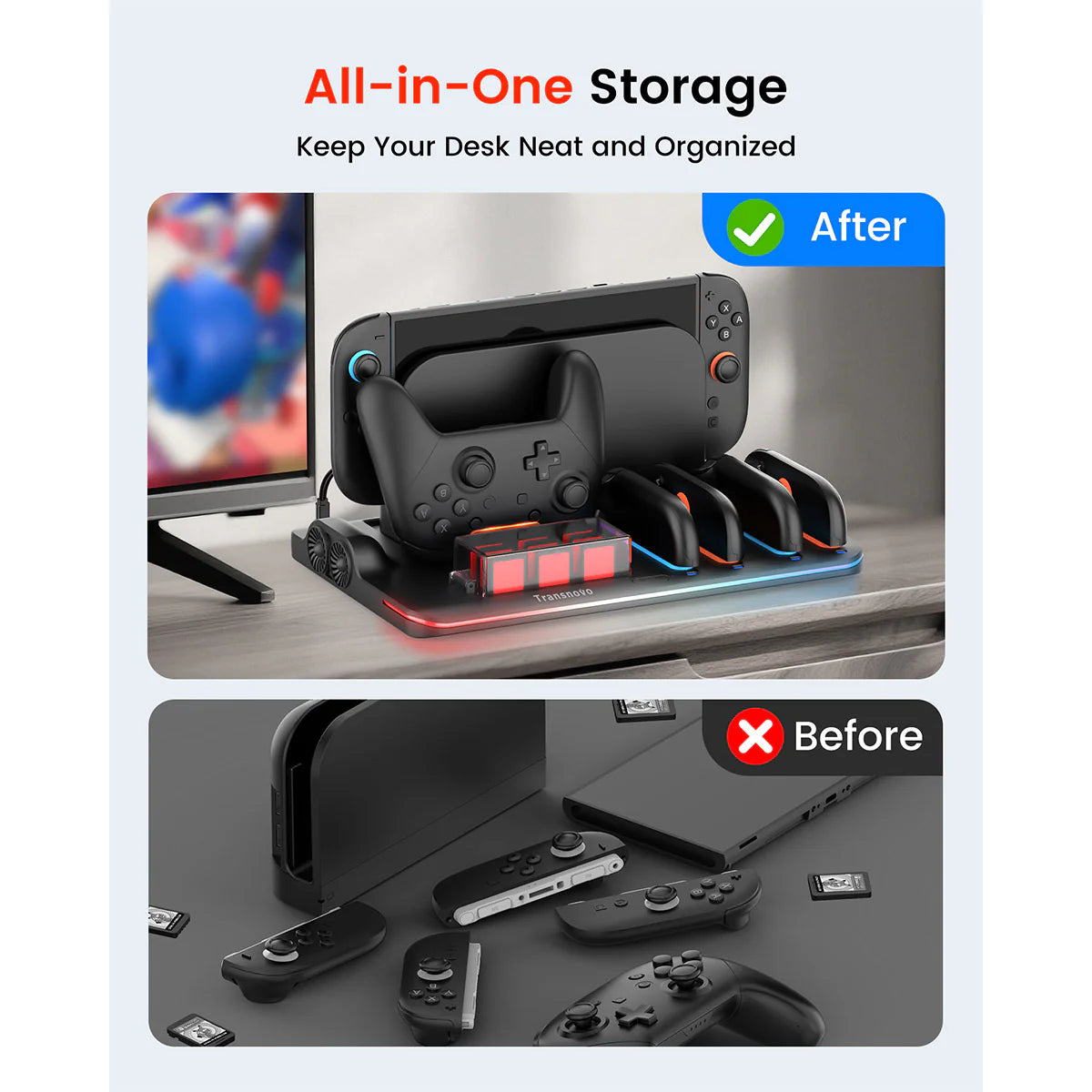 Transnovo Multi-Function RGB Light Charging Dock Station for Nintendo Switch 2 4 Joy-Con Controllers with Cooling Fan and 9 Game Card Slots NS2-CG04