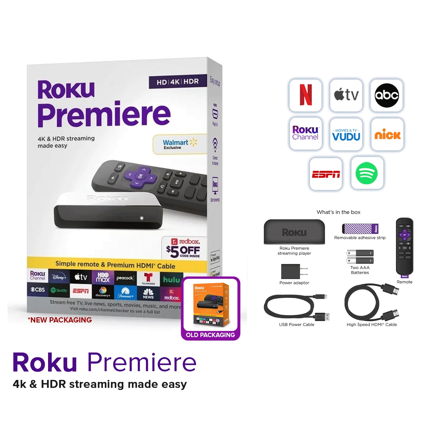 Roku Premiere HD/4K/HDR Streaming Media Player 3920R Black with Simple Remote & Premium HDMI Cable
