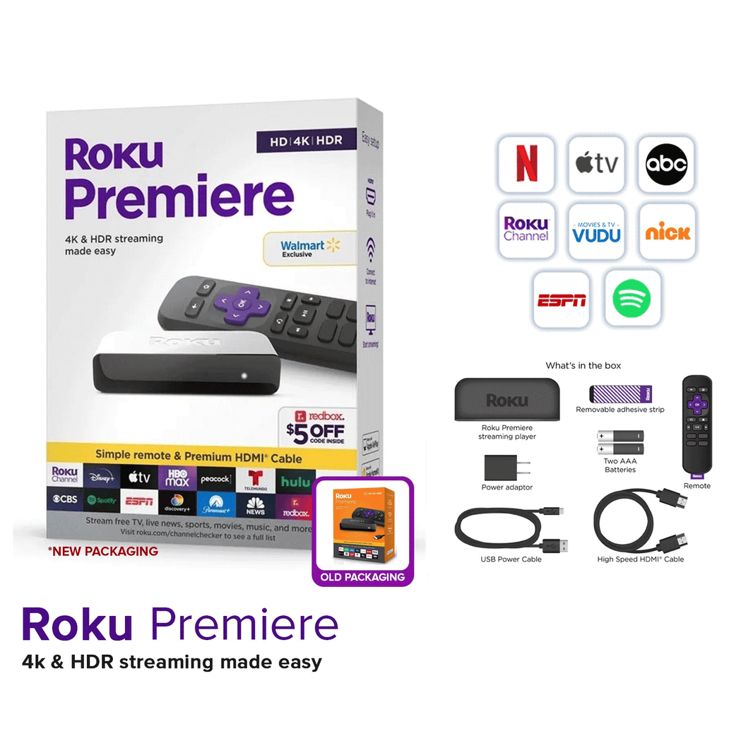 Roku Premiere HD/4K/HDR Streaming Media Player 3920R Black with Simple Remote & Premium HDMI Cable