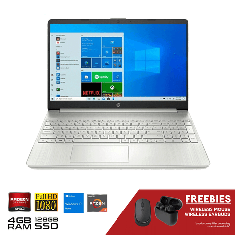 HP laptop 15-ef1300wm 15.6"FHD AMD Ryzen 3-3250U 4GB RAM 128 GB SSD AMD Radeon Graphics WiFi 5 BT5  Windows 10 OS Silver