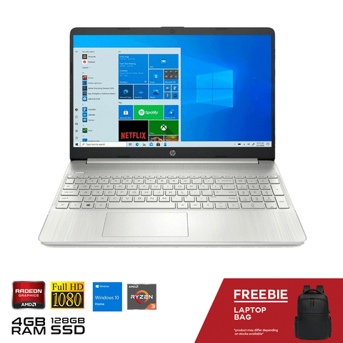 HP laptop 15-ef1300wm 15.6"FHD AMD Ryzen 3-3250U 4GB RAM 128 GB SSD AMD Radeon Graphics WiFi 5 BT5  Windows 10 OS Silver