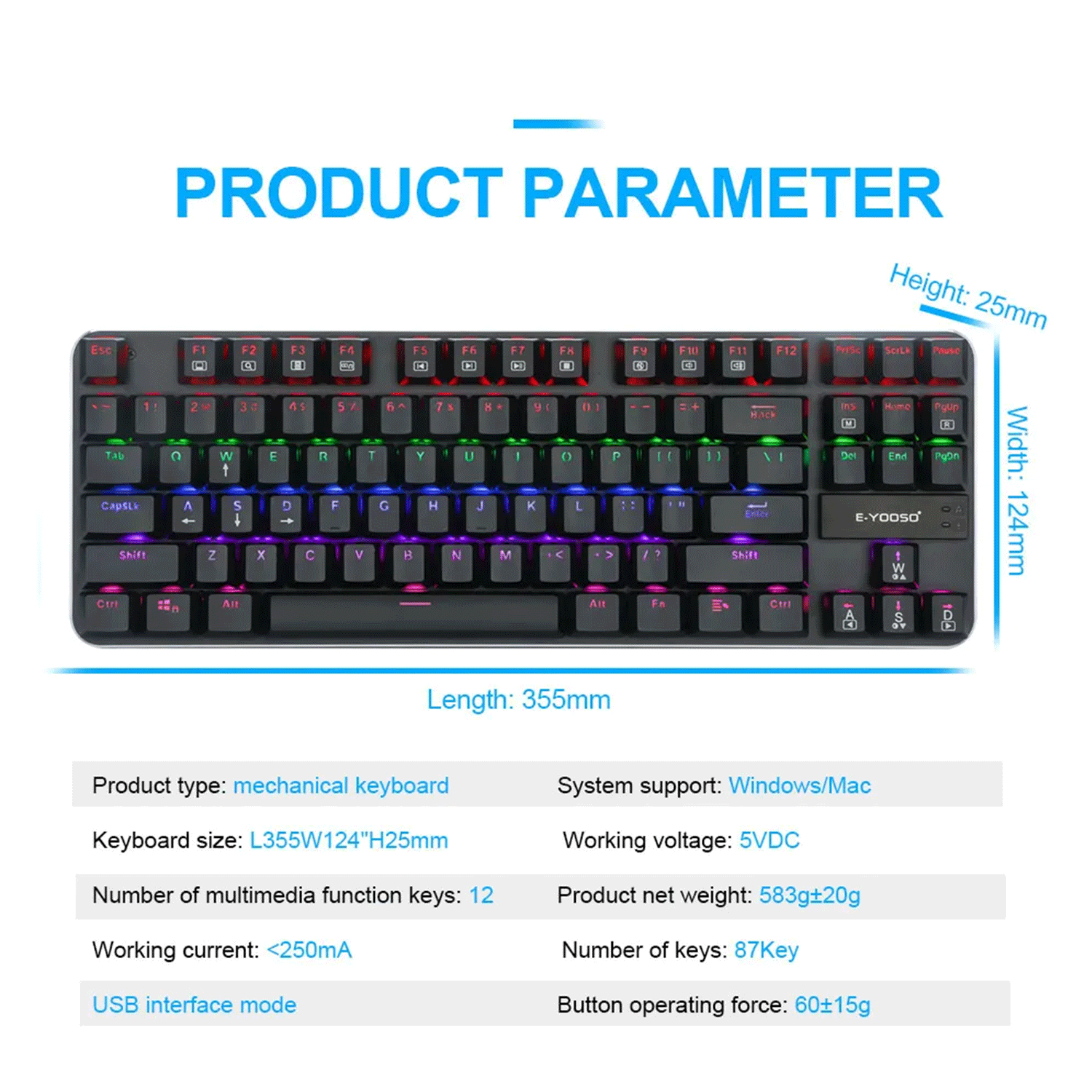 E-Yooso K-630 Rainbow 87 Keys Dwarf Axis Mechanical Gaming Keyboard [B ...