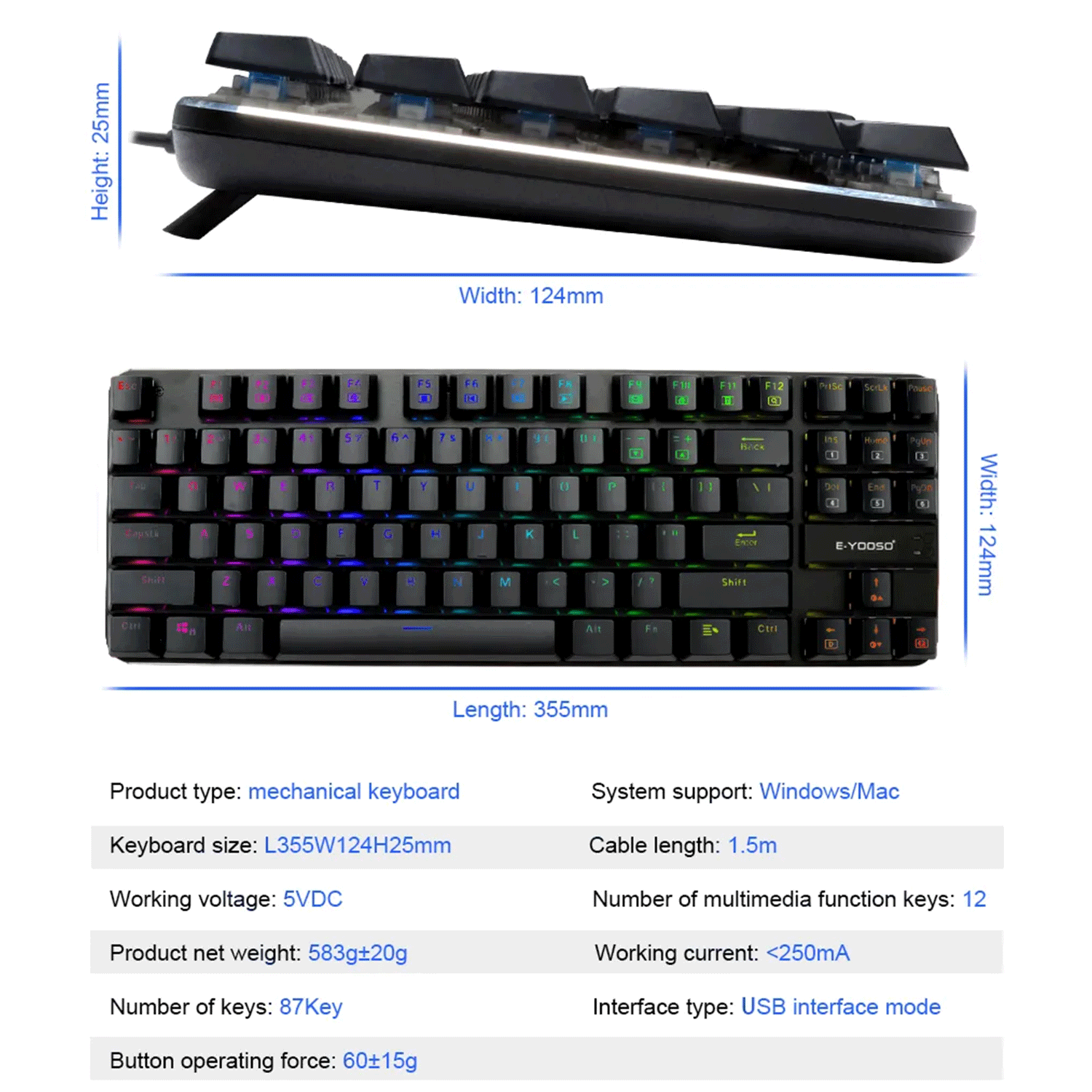 E-Yooso K-630 RGB 87 Keys Dwarf Axis Mechanical Gaming Keyboard [Black ...