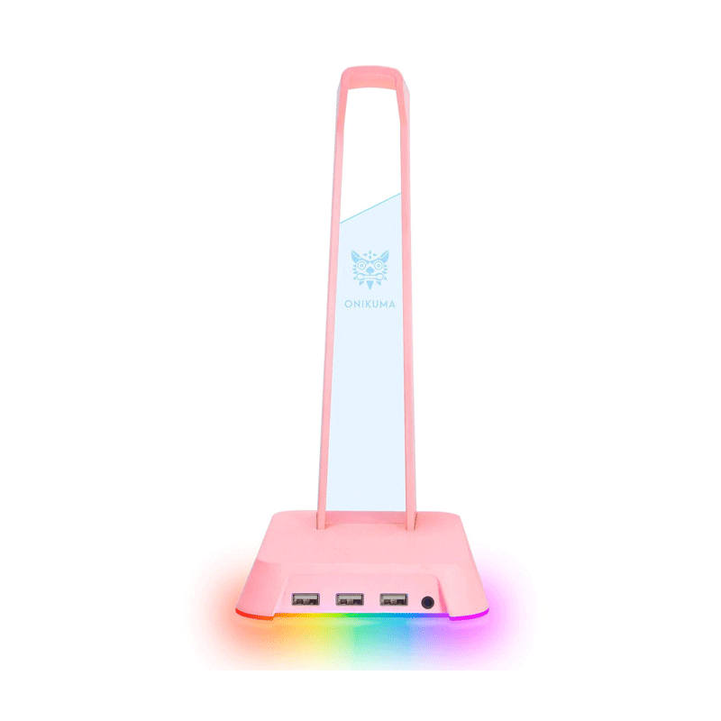 ONIKUMA ST2 RGB Gaming Headphone Stand Computer Headset Desktop Display Holder Luminous Logo with 3 USB and 3.5mm AUX Ports (PINK)