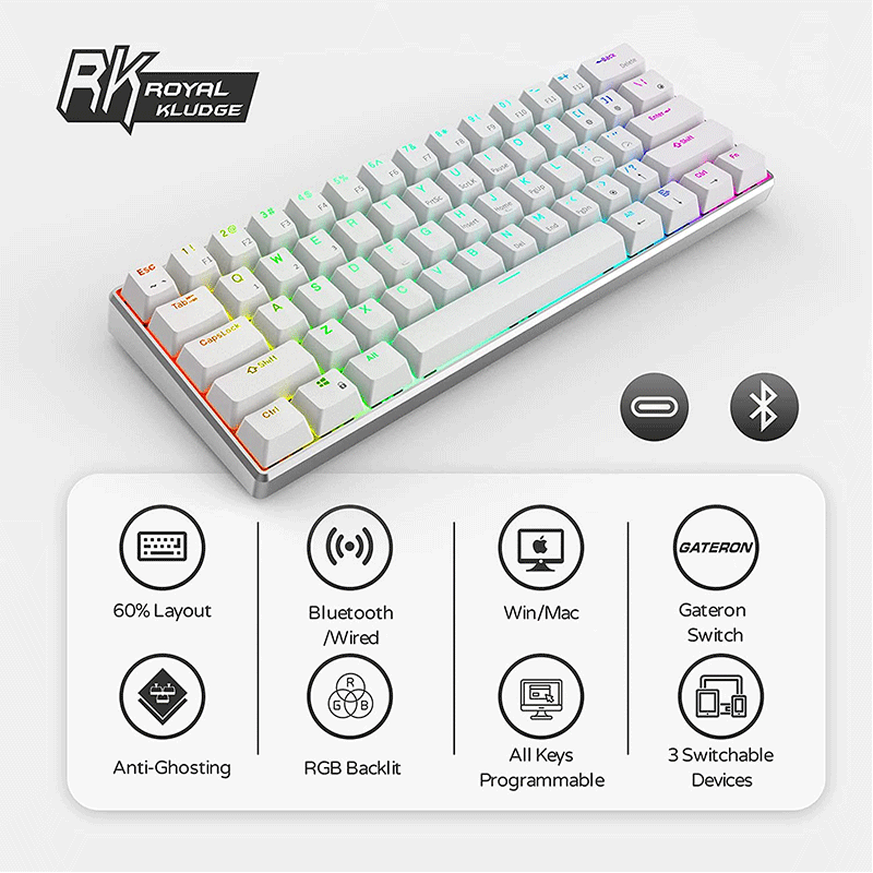  RK ROYAL KLUDGE RK61 Wireless 60% Mechanical Gaming Keyboard,  Ultra-Compact 60 Keys Bluetooth Mechanical Keyboard with Programmable  Software (Blue Switch, White) : Video Games