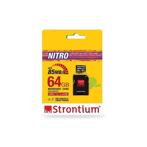 Strontium Nitro 64GB Micro SDXC Memory Card 85MB/s UHS-I U1 Class 10 w/ Adapter High Speed For Smartphones Tablets Drones Action Cams (SRN64GTFU1QA) - GameXtremePH